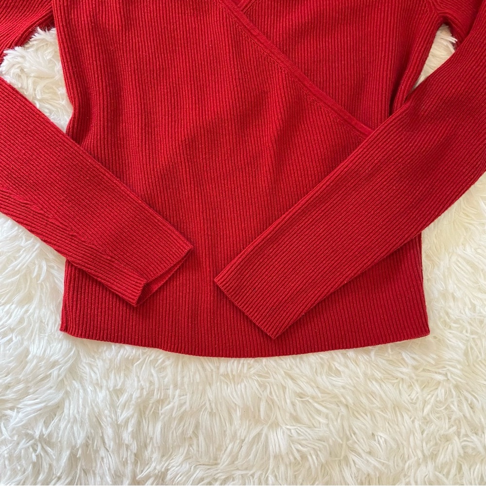 Leith Red Ribbed V neck long sleeve wrap top - Picture 13 of 14